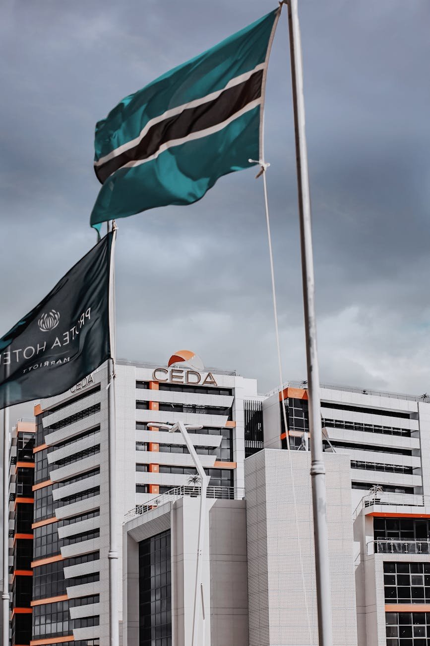 gray sky over buildings and flags